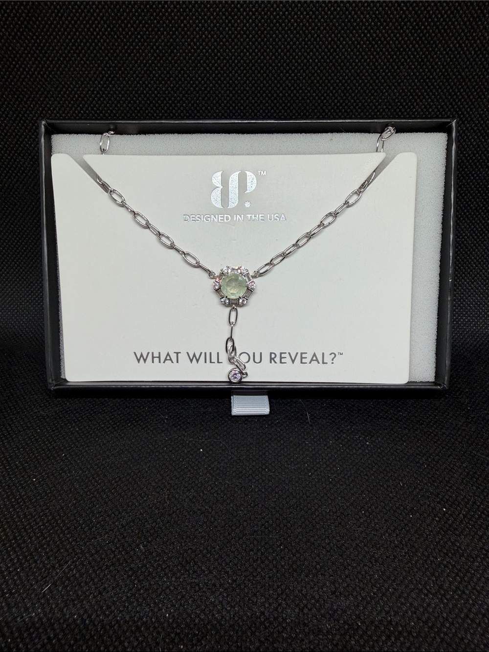 Pale Green on Rhodium Dangle Necklace